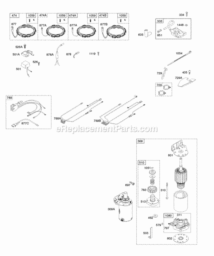 Alternator Wire Harness Starter Ignition Diagram and Parts List for 405577-0001-B1  Briggs and Stratton Engine